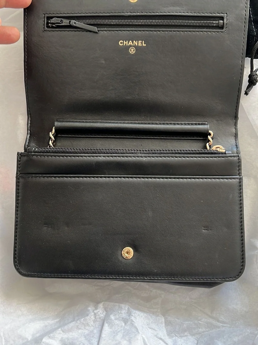 Chanel Black and Gold Quilted wallet on chain with pearl CC accent and chain